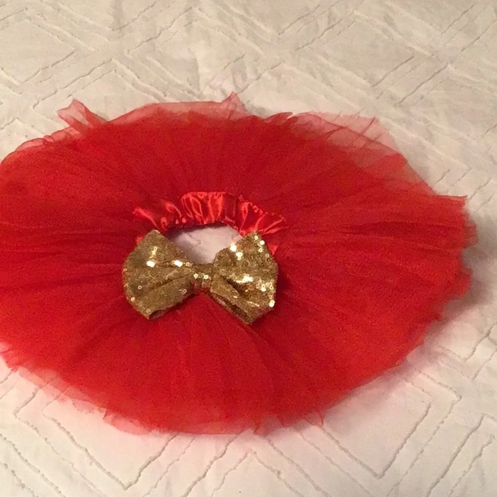 Red tulle tutu skirt with gold sequin bow and red headpiece